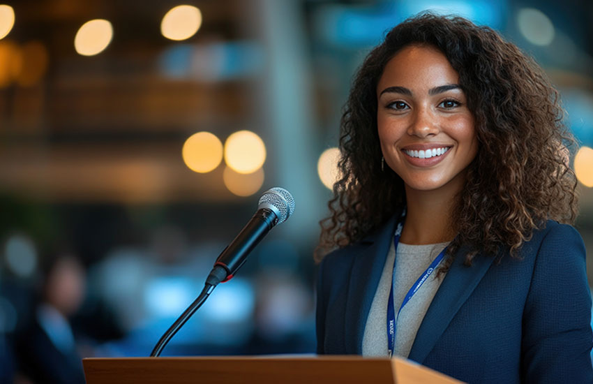Professional mental health speaker presenting to engaged audience